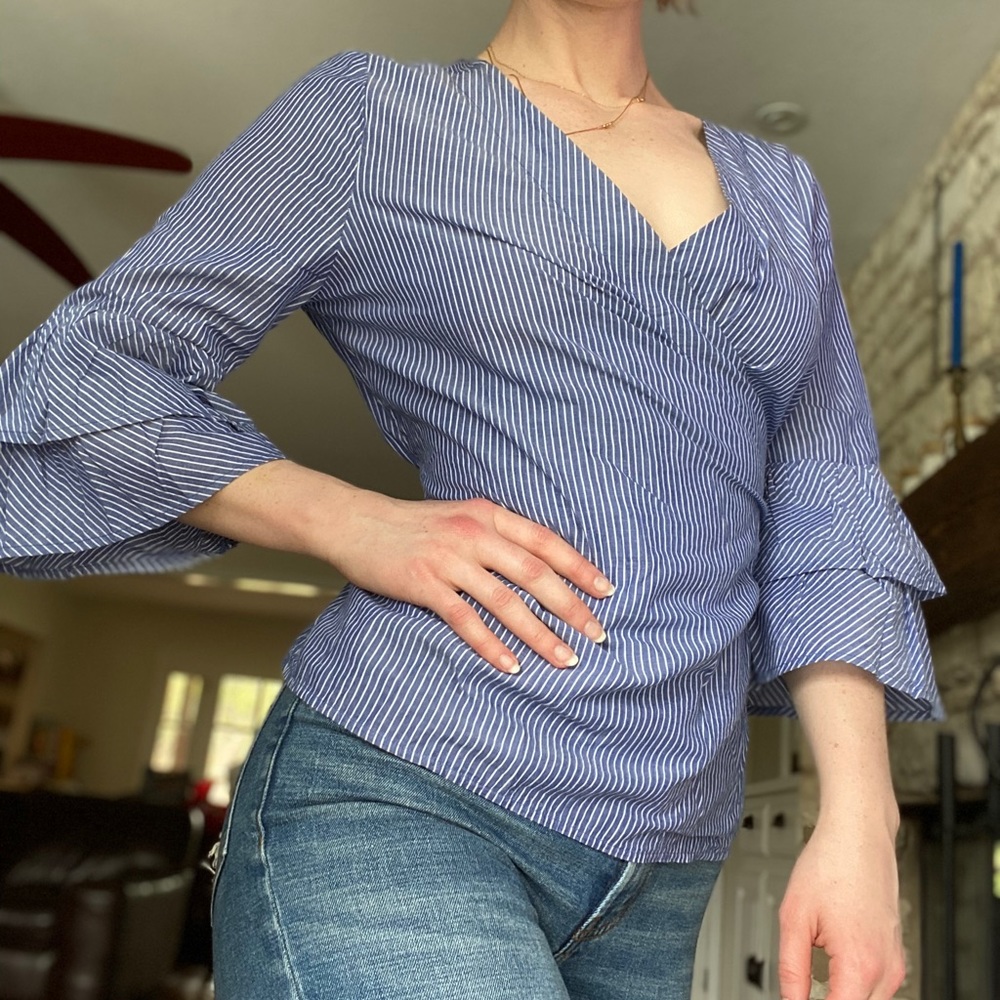 Blue & White Striped Wrap Top